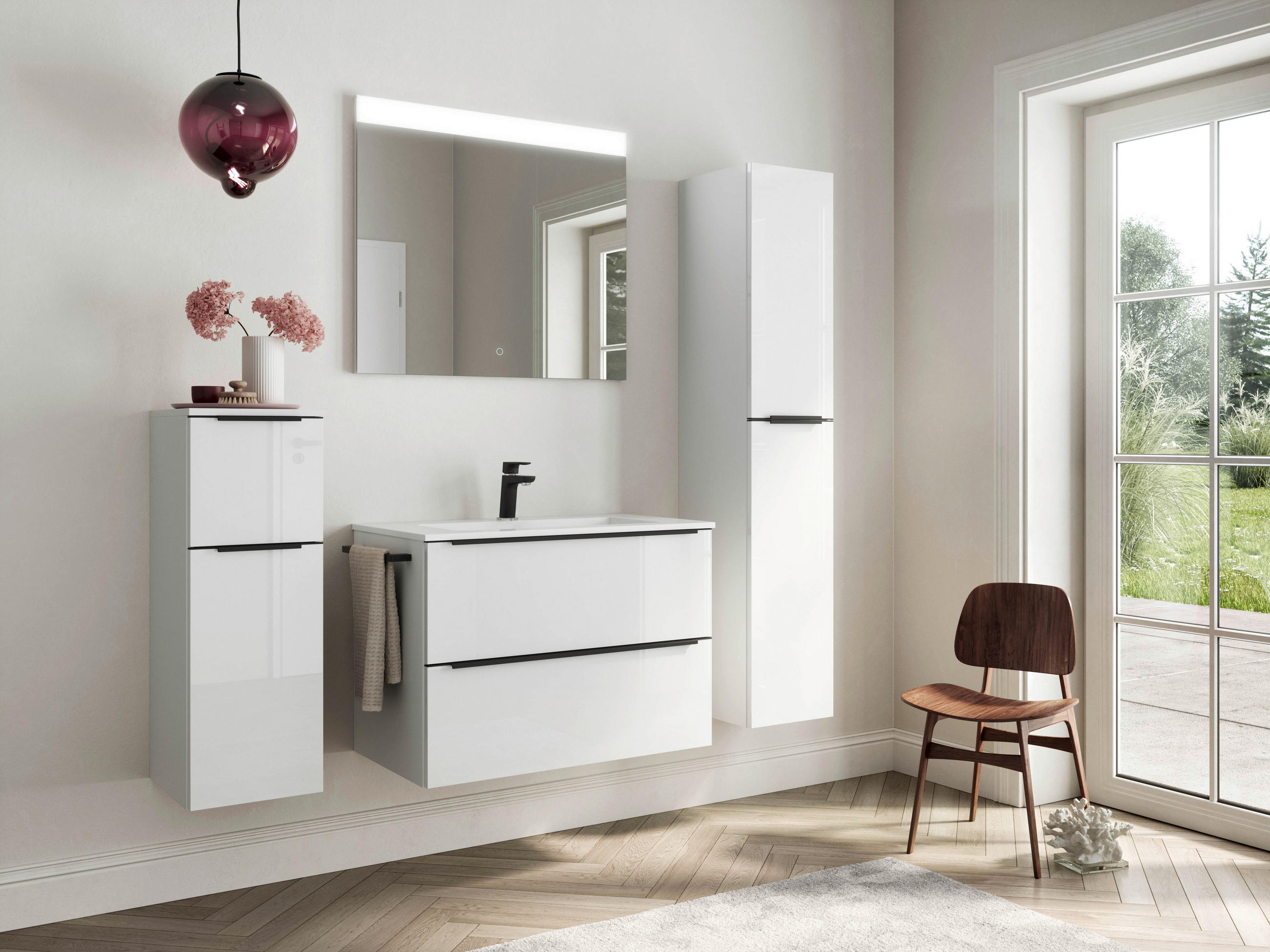 BADEZIMMER 5-teilig  in 141 cm  - Weiß Hochglanz/Schwarz, MODERN, Holzwerkstoff/Stein (141cm) - Nobilia