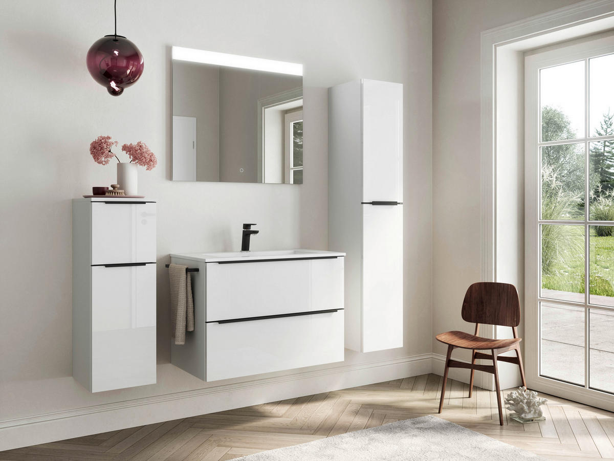 BADEZIMMER 5-teilig  in 141 cm  - Weiß Hochglanz/Schwarz, MODERN, Holzwerkstoff/Stein (141cm) - Nobilia