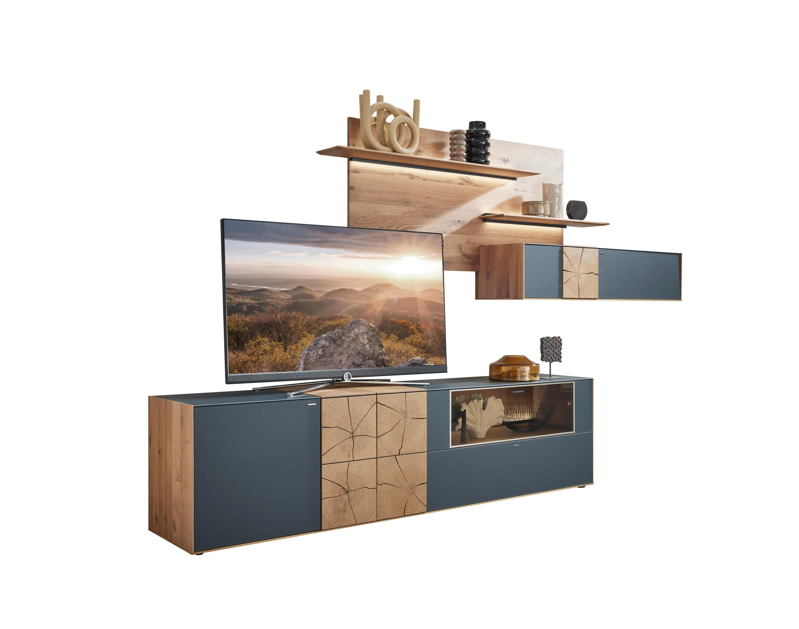 WOHNWAND in Anthrazit, Eichefarben 327/196/49 cm - Eichefarben/Anthrazit, Design, Glas/Holz (327/196/49cm) - Valnatura