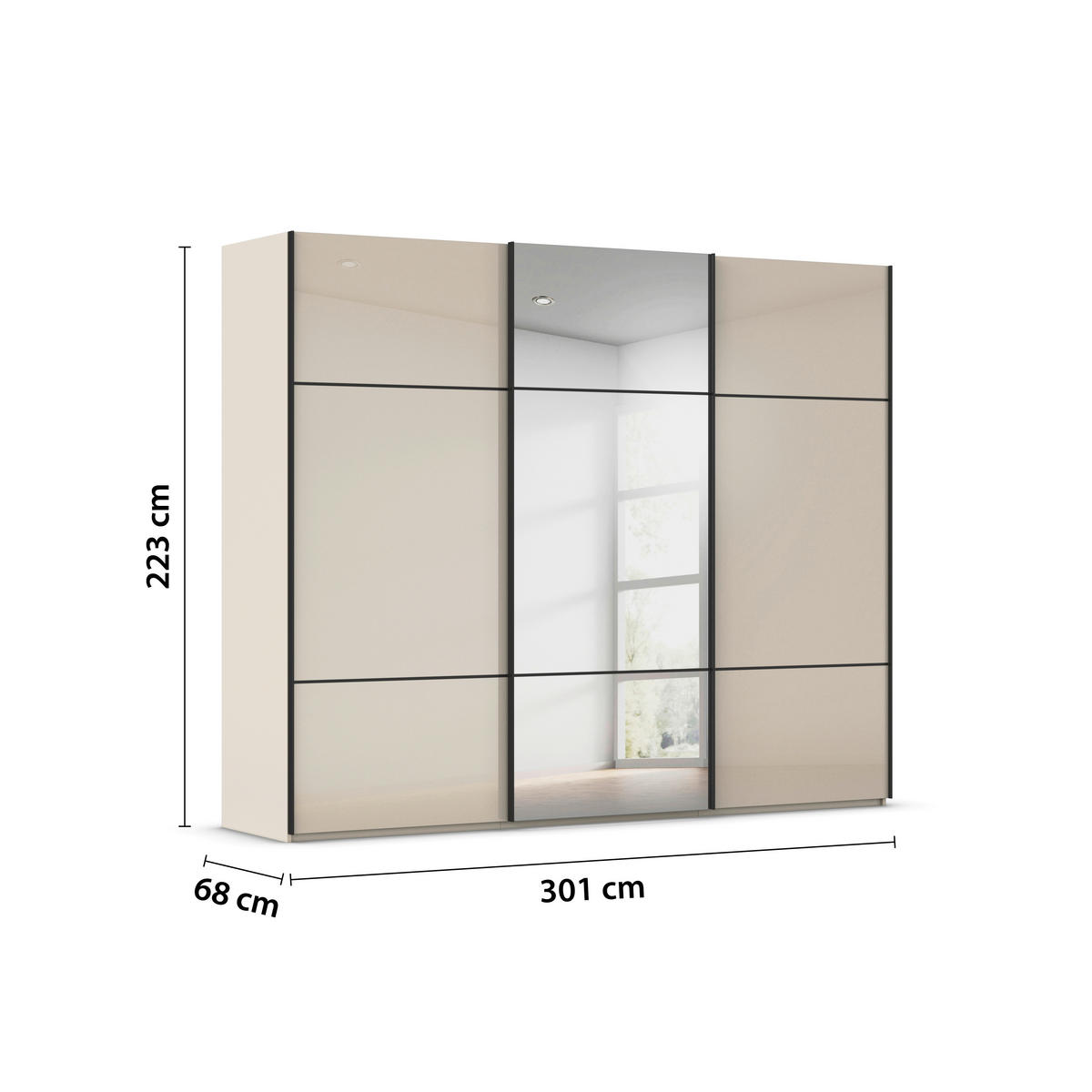 SCHWEBETÜRENSCHRANK in Champagner  - Champagner/Schwarz, Konventionell, Glas/Holzwerkstoff (301/223/68cm) - Novel