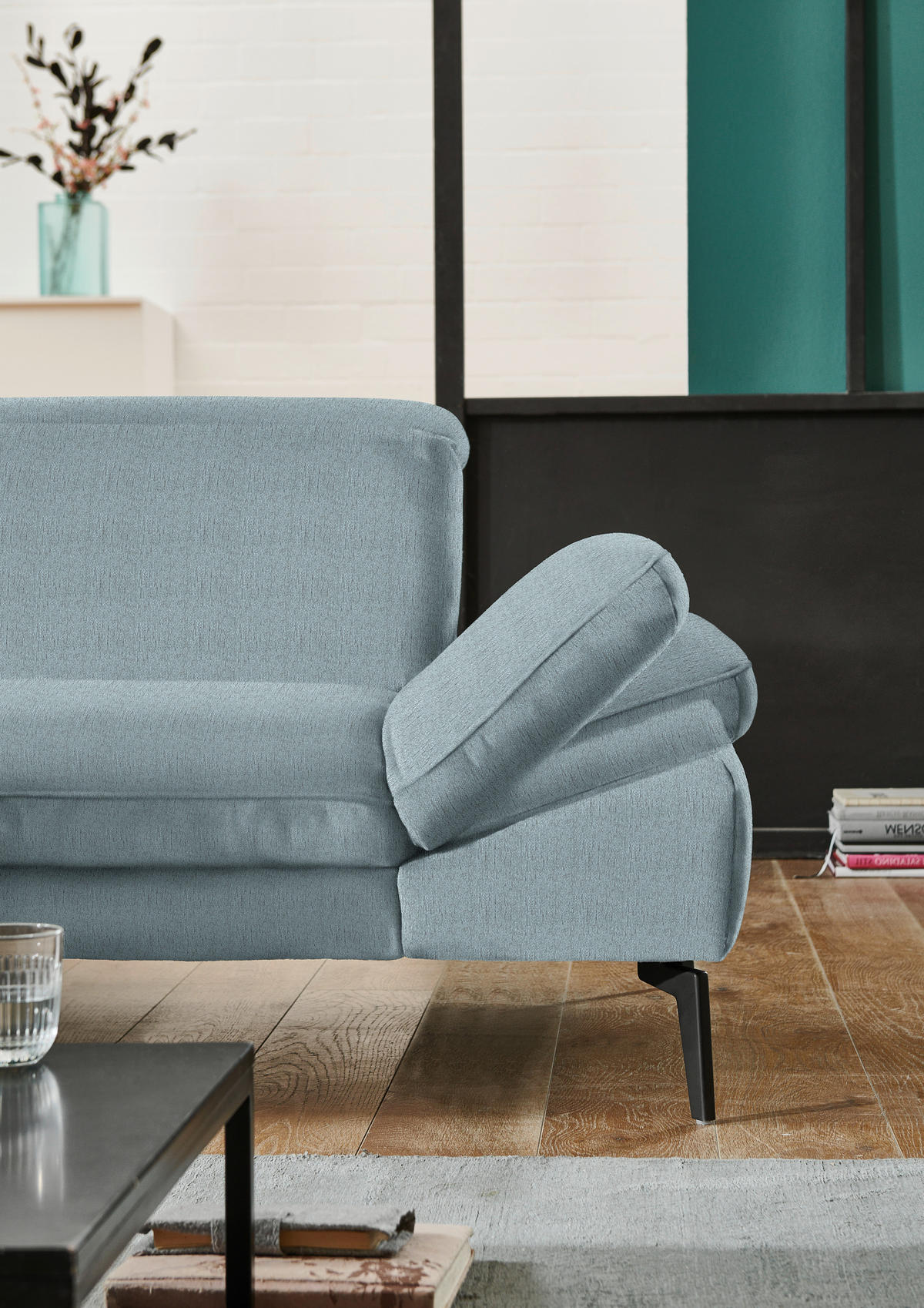 ECKSOFA in Chenille Pastellblau  - Pastellblau/Schwarz, Design, Textil/Metall (188/319cm) - Beldomo System