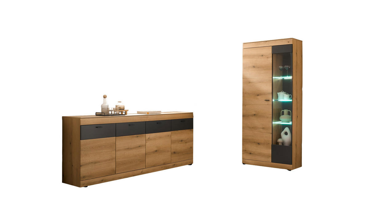 WOHNWAND 2-teilig  in Graphitfarben, Eichefarben   - Eichefarben/Schwarz, Design, Glas/Holzwerkstoff - MID.YOU