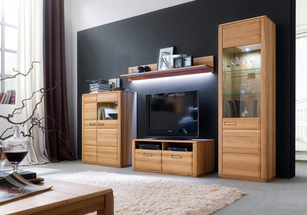 WOHNWAND La Paz  in Buchefarben  319/209/51 cm  - Buchefarben/Silberfarben, Design, Glas/Holz (319/209/51cm) - Livetastic