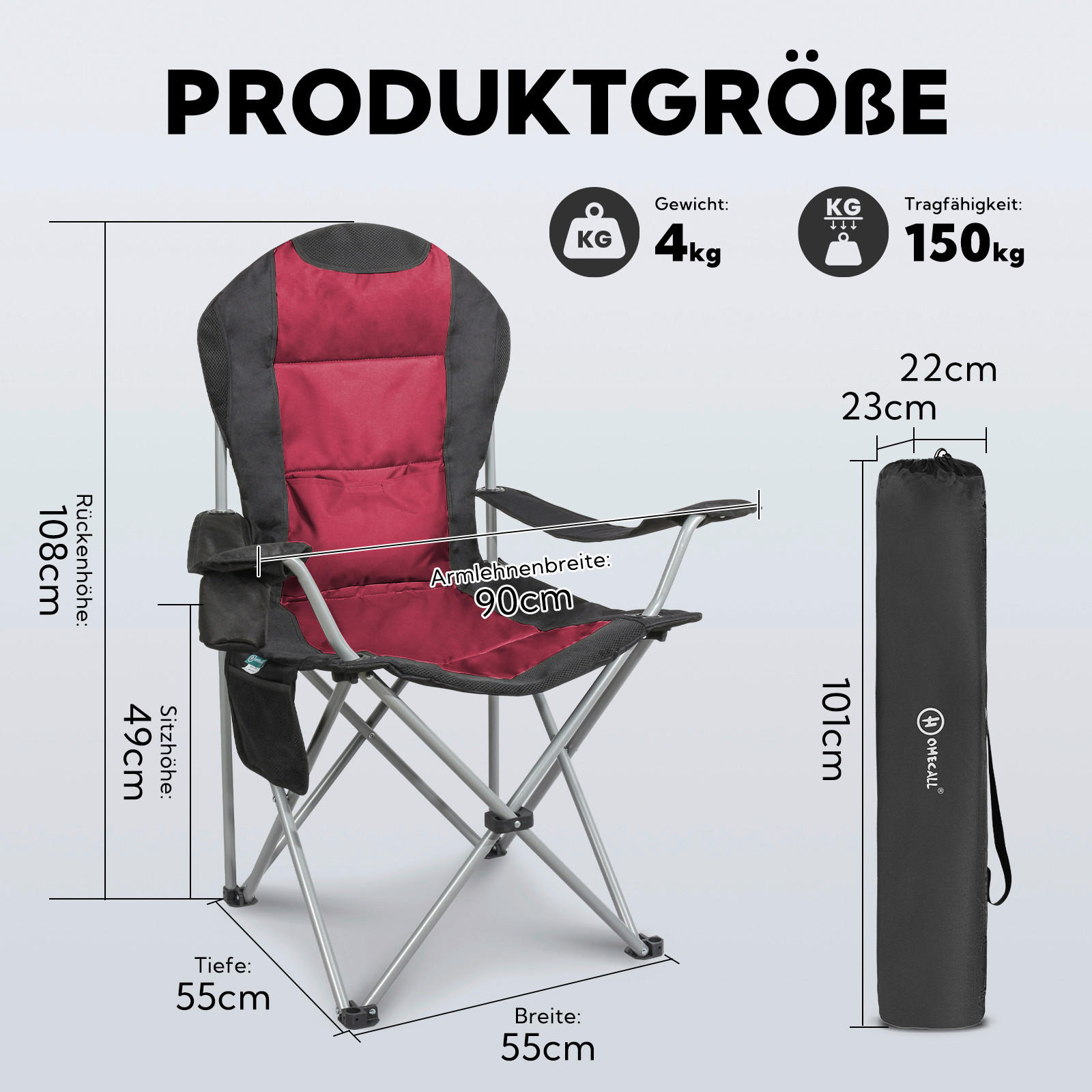 CAMPINGSESSEL - Rot/Schwarz, Basics, Textil/Metall (55/108/55cm) - Modante