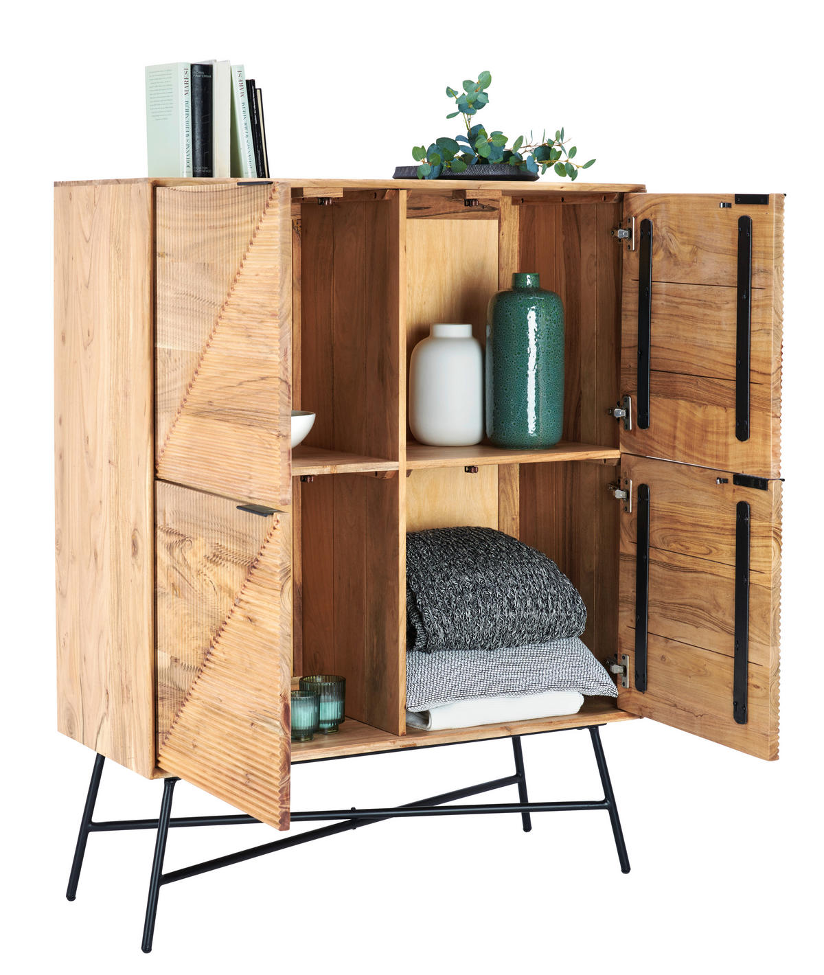 VYSOKÁ KOMODA, akácie, černá, barvy akácie, 105/135/45 cm - černá/barvy akácie, Trend, kov/dřevo (105/135/45cm) - Ambia Home