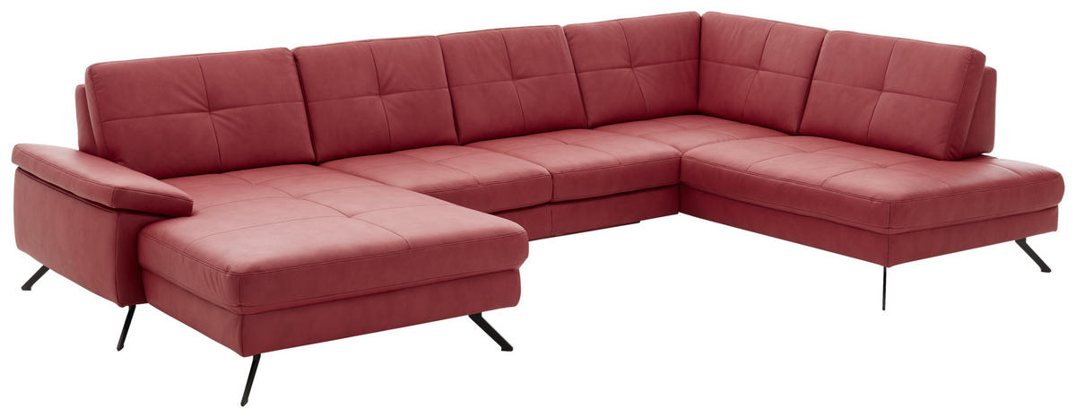 WOHNLANDSCHAFT in Lederlook, Mikrofaser Rot  - Rot/Schwarz, Design, Textil/Metall (179/345/220cm) - Beldomo System