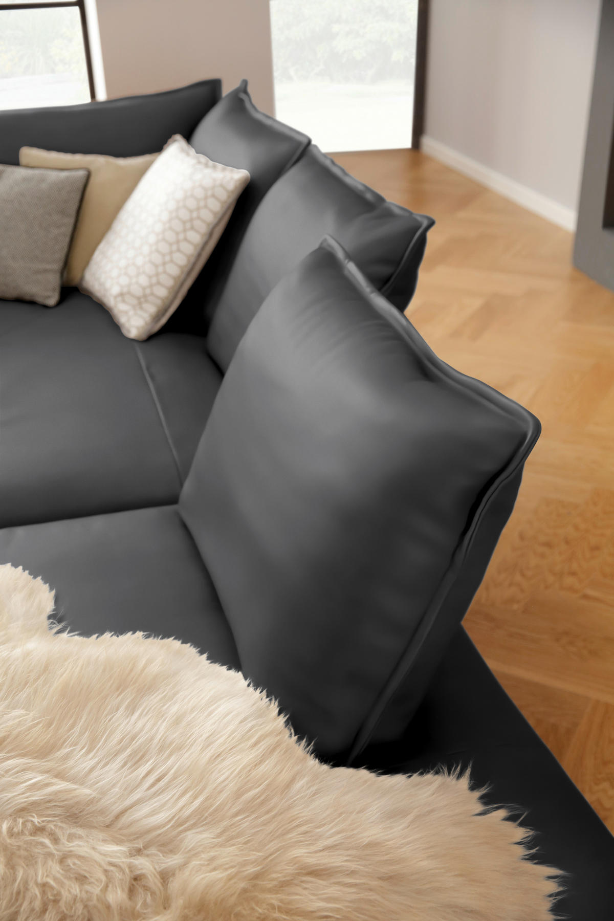 ECKSOFA in Echtleder Graphitfarben  - Schwarz/Graphitfarben, Design, Leder/Metall (340/272cm) - W.Schillig
