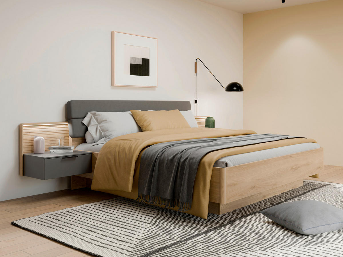 SET KREVETA I NOĆNIH ORMARIĆA   180/200 cm   siva, boje hrasta  - siva/boje hrasta, Moderno, drvni materijal/metal (180/200cm) - Hom`in