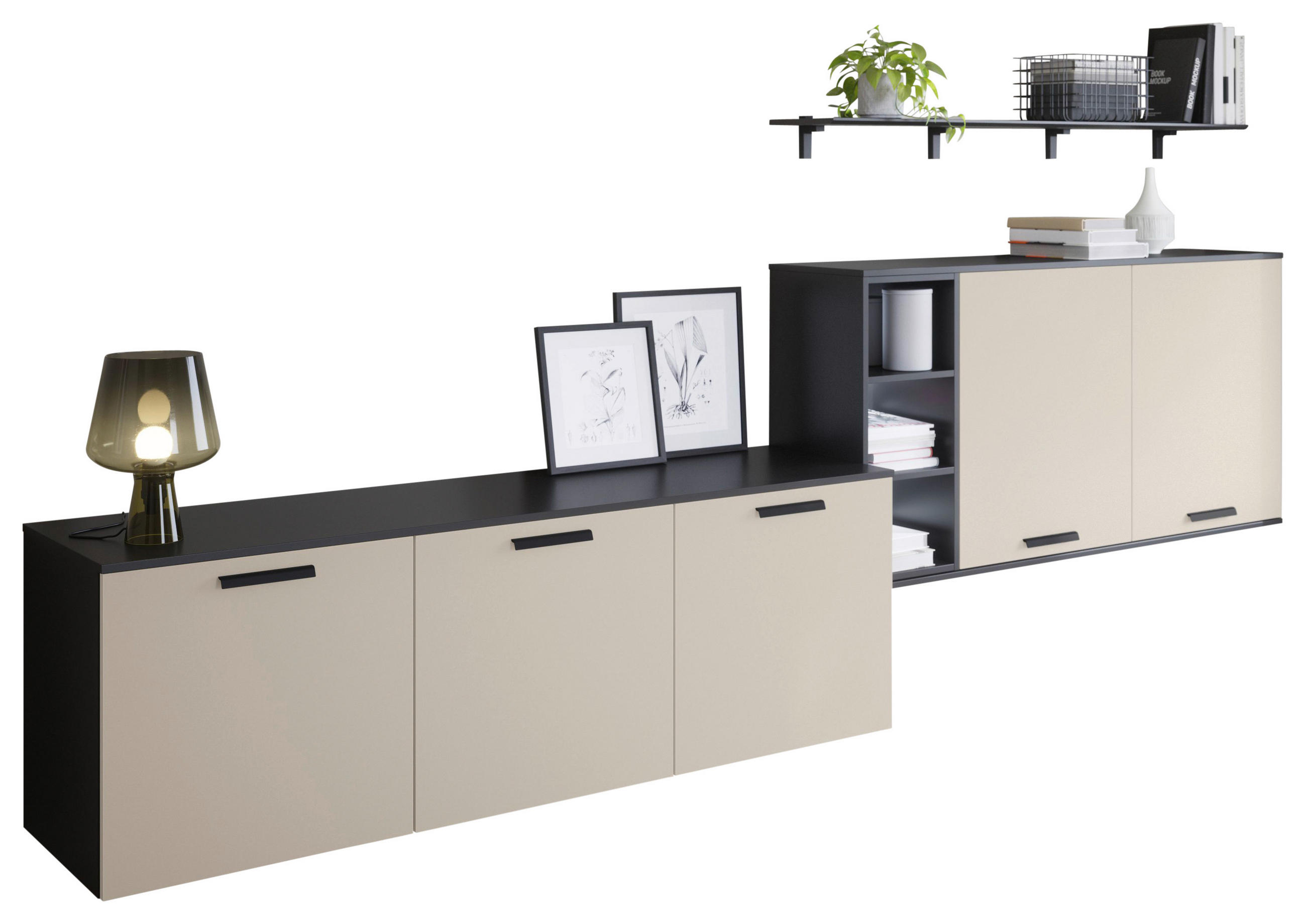 WOHNWAND  in Schwarz, Sandfarben  331/110/48,5 cm  - Sandfarben/Schwarz, Design, Holzwerkstoff/Metall (331/110/48,5cm) - Celina Home