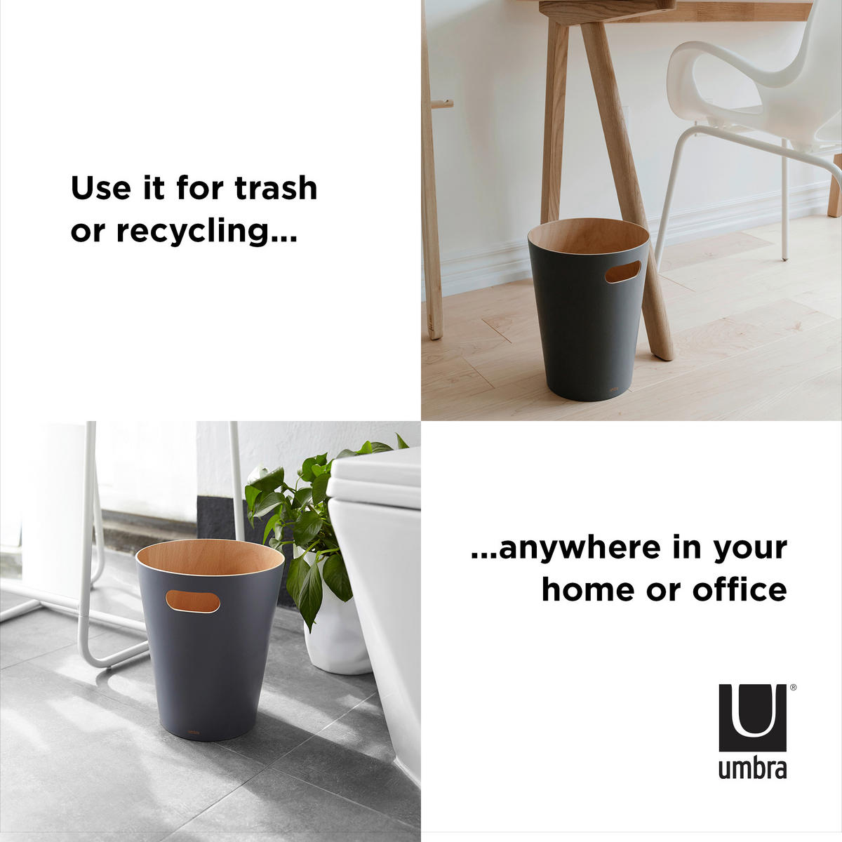 PAPIERKORB Woodrow 7,5 L  - Anthrazit/Naturfarben, Design, Holz (23/28/23cm) - Umbra