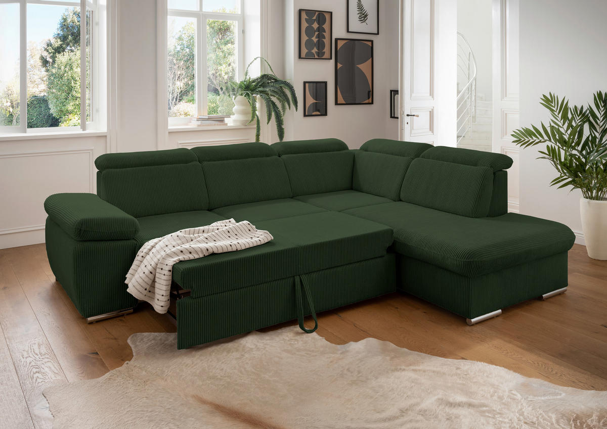 ECKSOFA in Cord Dunkelgrün  - Chromfarben/Dunkelgrün, Design, Textil/Metall (283/228cm) - Livetastic
