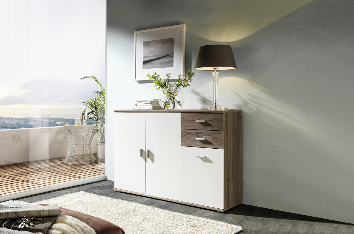 KOMODA, bela, hrast sonoma  - srebrne barve/bela, Design, umetna masa/leseni material (120/82/35cm) - Boxxx