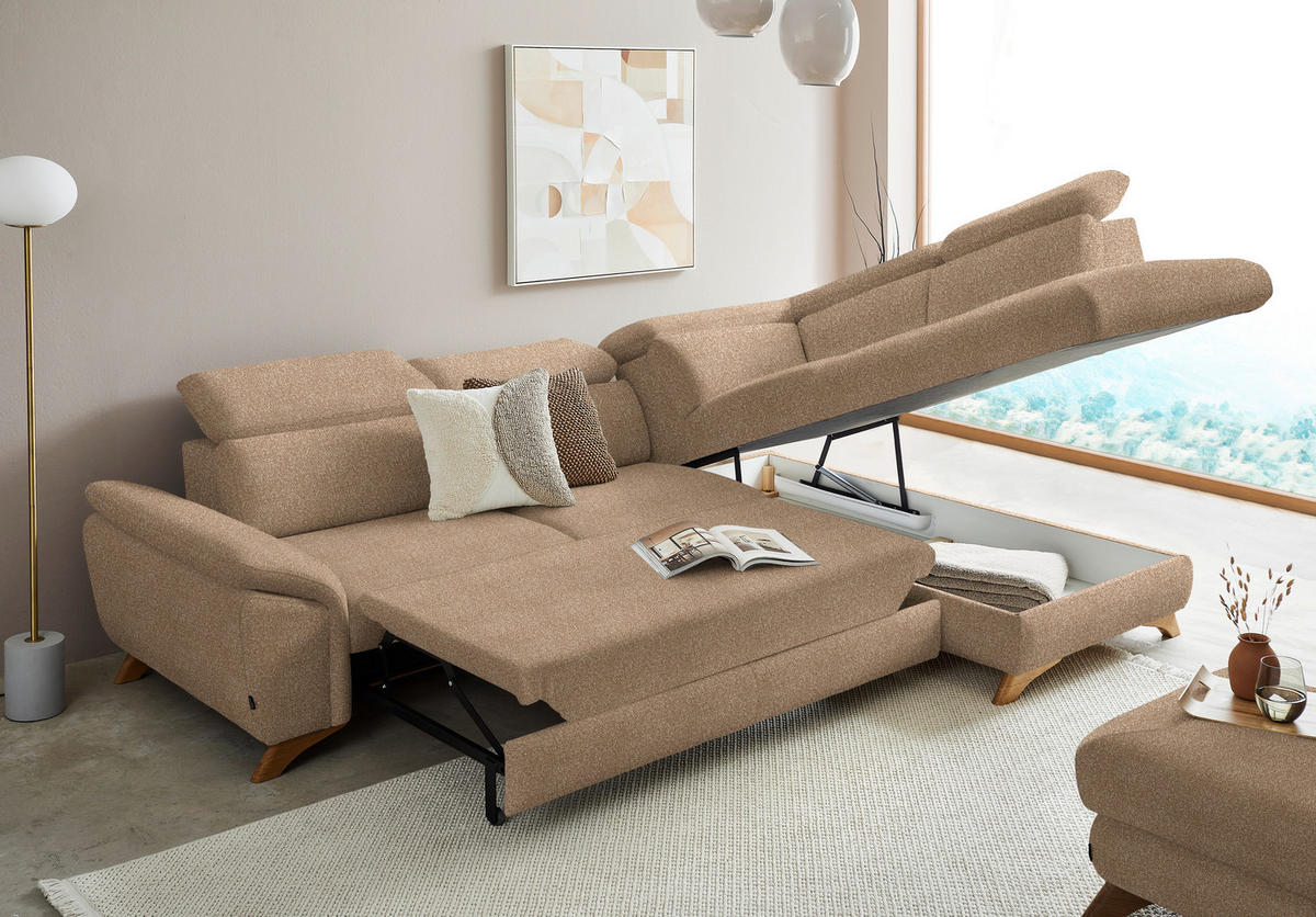 ECKSOFA in Bouclé Hellbraun  - Hellbraun/Eichefarben, Modern, Holz/Textil (287/212cm) - Valnatura