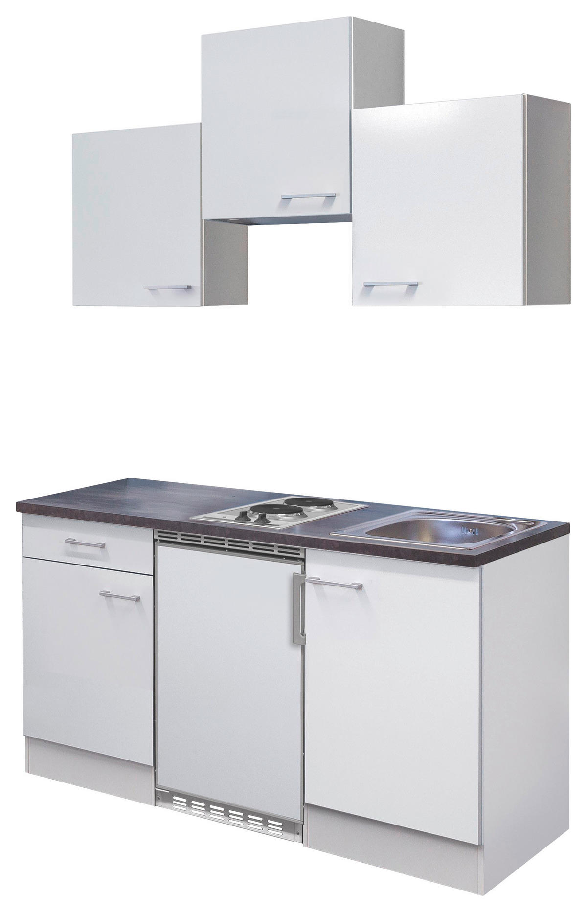 MINIKÜCHE 150 cm   in Weiß  - Graubraun/Alufarben, KONVENTIONELL, Holzwerkstoff/Kunststoff (150cm) - FlexWell