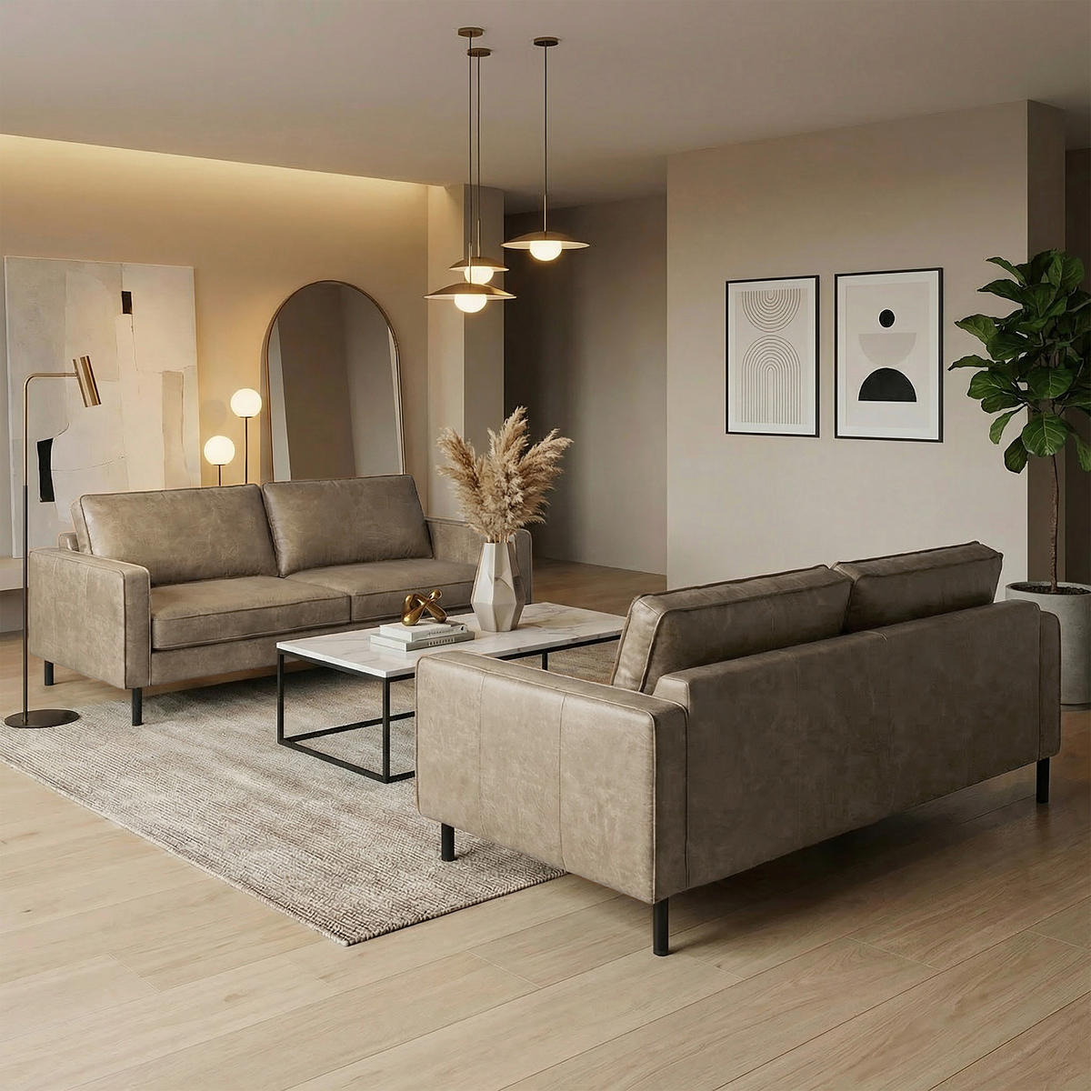 3-SITZER-SOFA Echtleder Lederlook Hellgrau  - Hellgrau/Schwarz, Design, Leder/Textil (188/85/92cm) - Livetastic