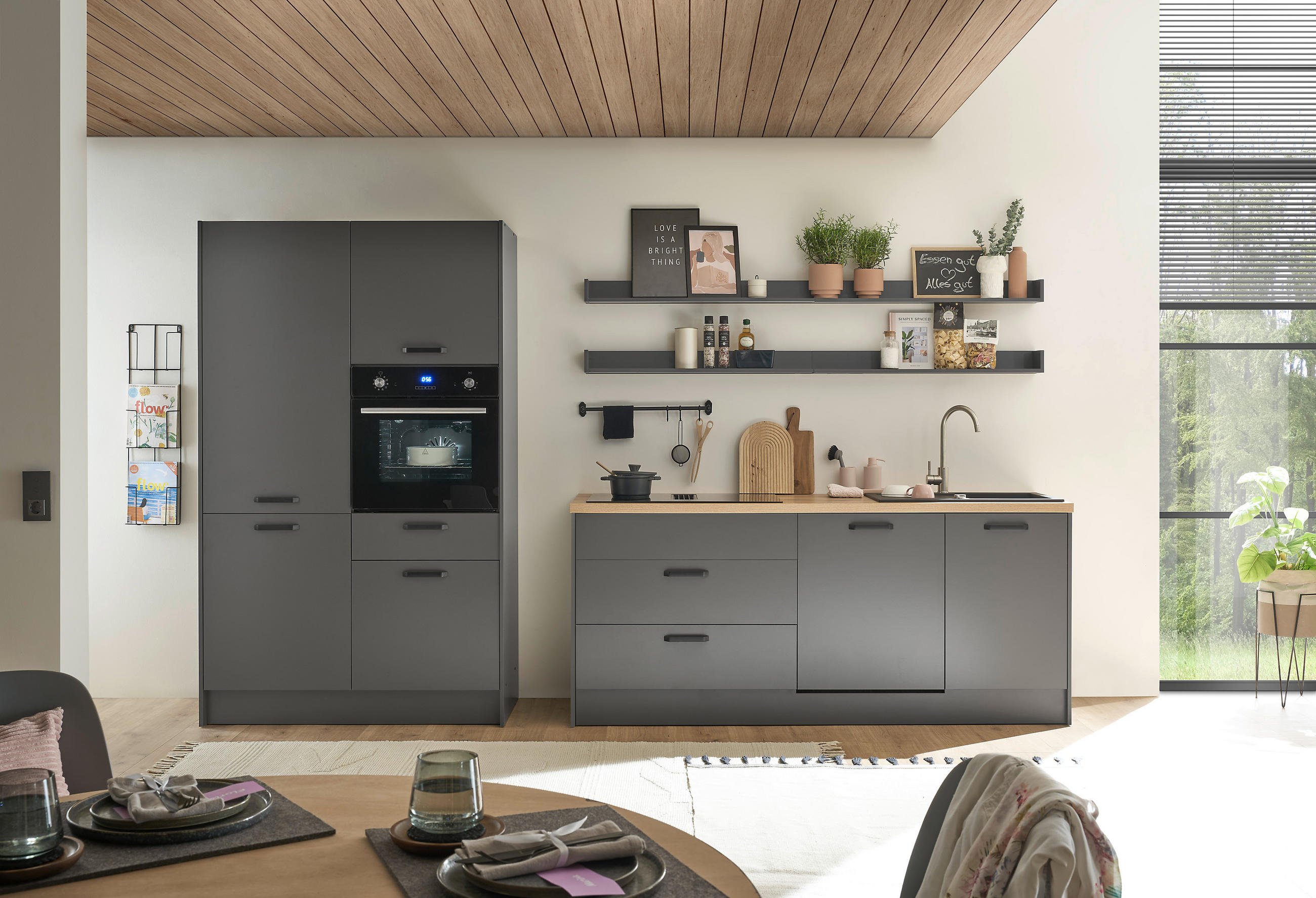 BLOK KUHINJA BEZ APARATA boje grafita, boje hrasta - boje grafita/boje hrasta, Design, drvni materijal/metal (326cm) - MID.YOU