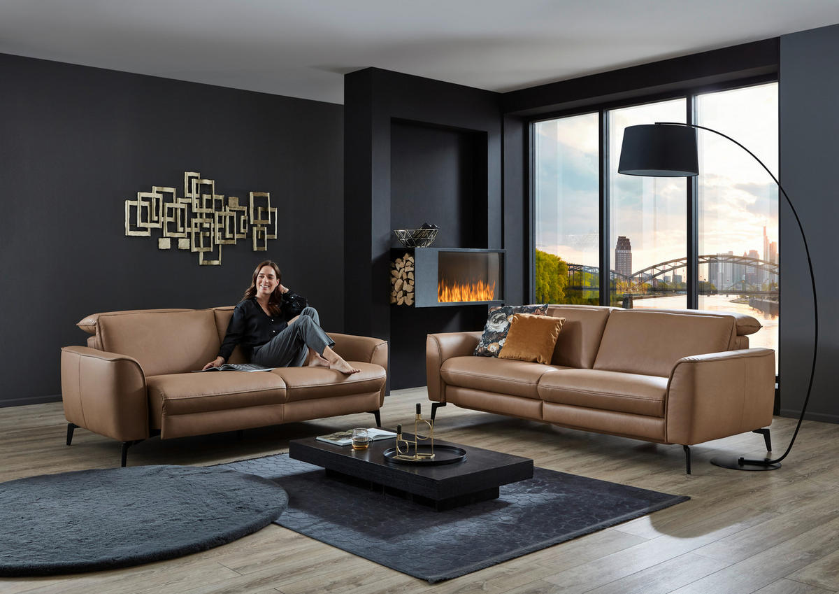3-SITZER-SOFA in Echtleder Haselnussfarben  - Schwarz/Haselnussfarben, Natur, Leder/Metall (222/81/110cm) - Valdera