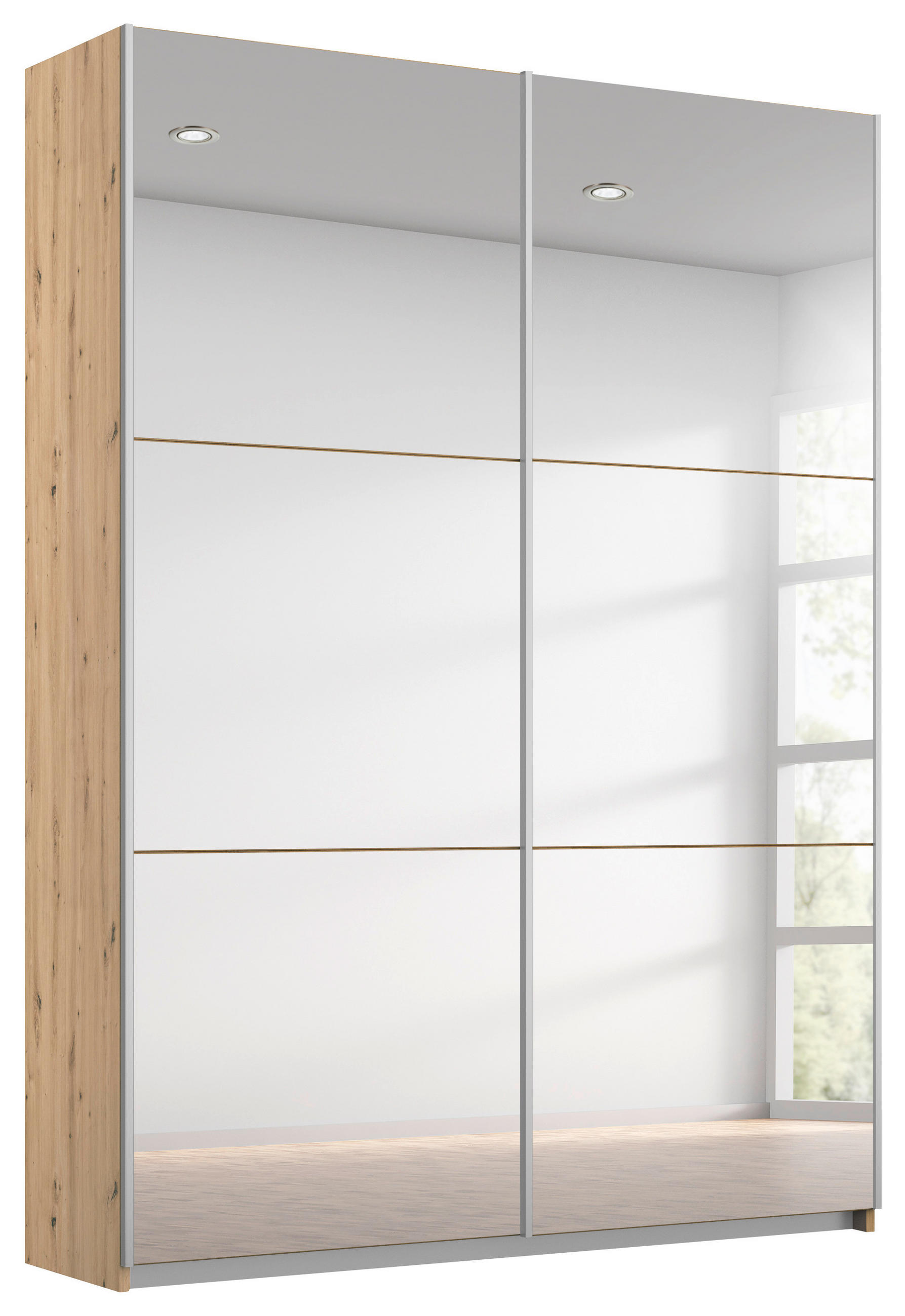 SCHWEBETÜRENSCHRANK 131/210/59 cm 2-türig Eiche Artisan, Silberfarben  - Silberfarben/Alufarben, MODERN, Glas/Holzwerkstoff (131/210/59cm) - Rauch Möbel