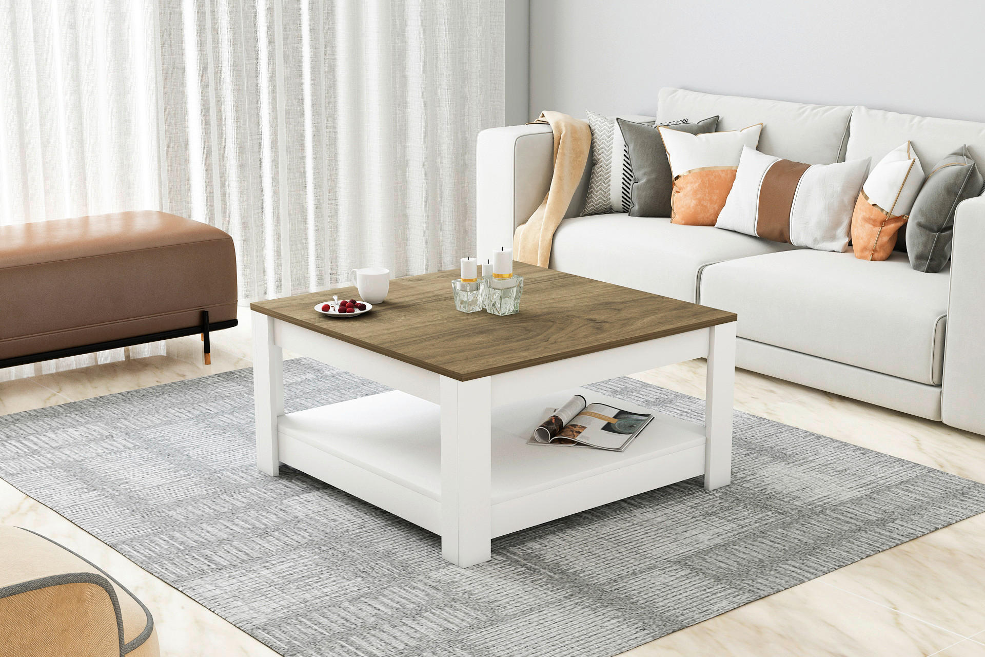 KONFERENČNÝ STOLÍK, biela, farba vlašského orecha, kompozitné drevo, 89/89/45 cm - biela/farba vlašského orecha, Design, kompozitné drevo (89/89/45cm) - Livetastic