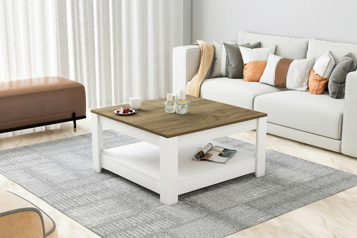 COUCHTISCH in Holzwerkstoff 89/89/45 cm  - Weiss/Walnussfarben, Design, Holzwerkstoff (89/89/45cm) - Livetastic