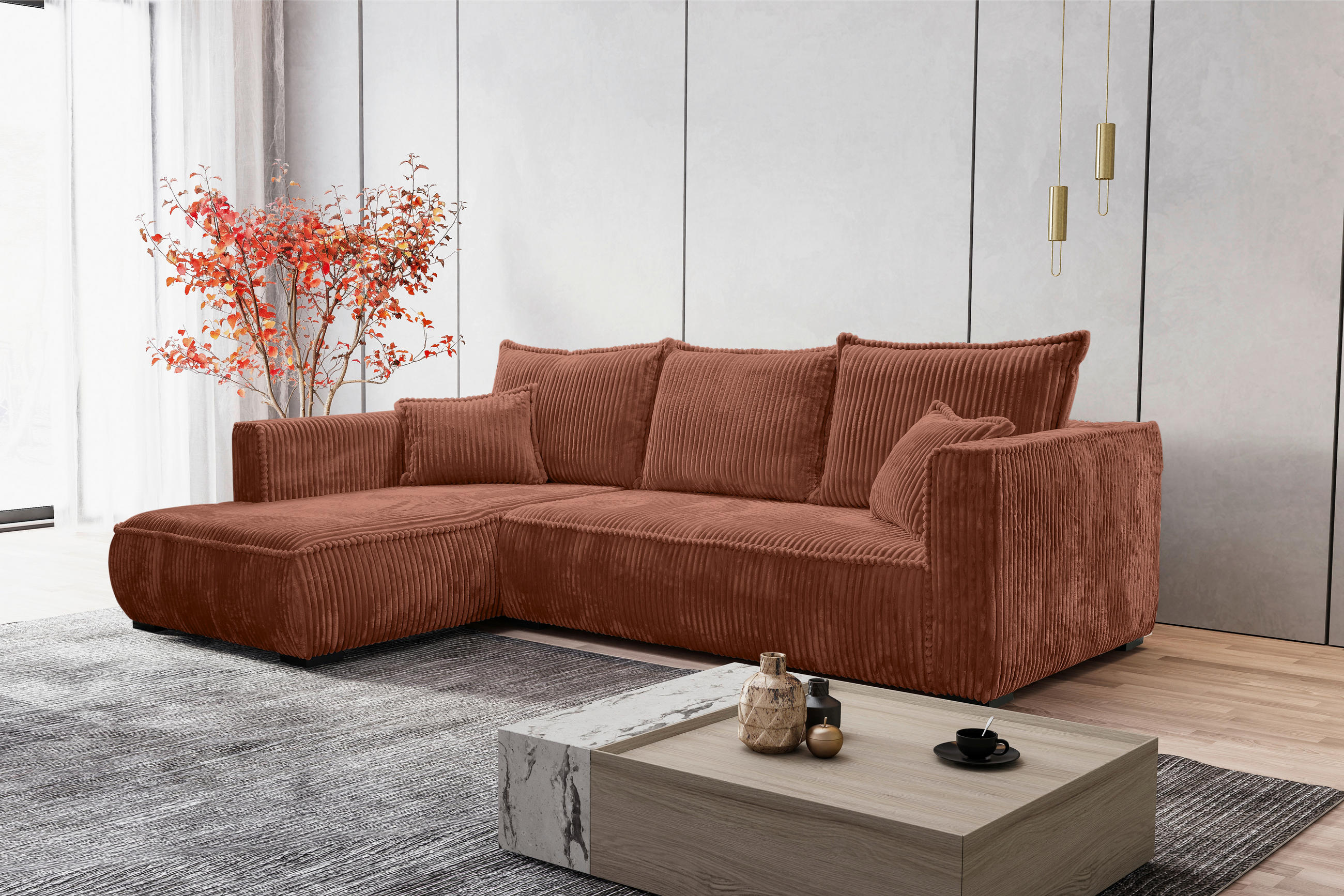 ECKSOFA in Cord Bronzefarben  - Schwarz/Bronzefarben, Modern, Holz/Textil (208/322cm) - MID.YOU