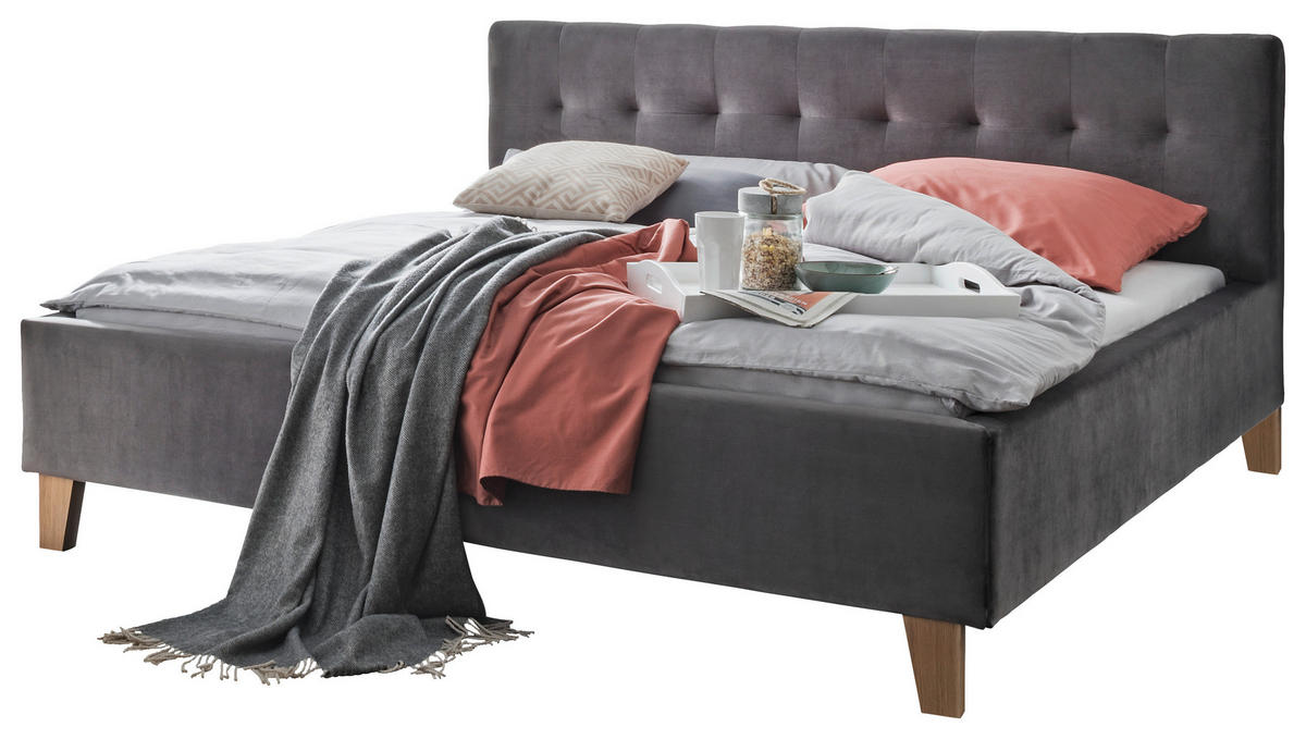 POLSTERBETT gepolstertes Kopfteil Dunkelgrau 200/200 cm  - Eichefarben/Dunkelgrau, Design, Holz/Textil (200/200cm) - Moderano