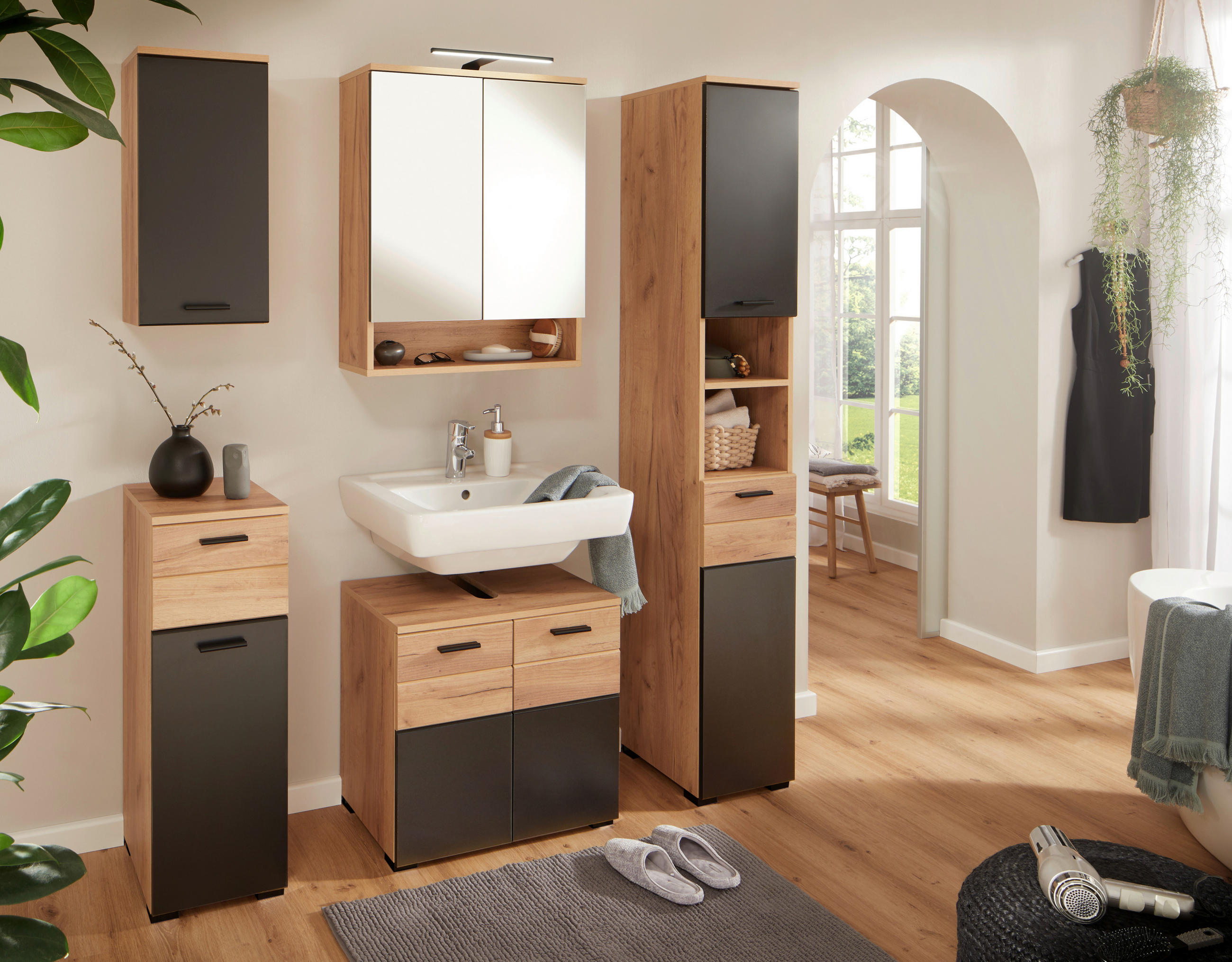 Thumbnail - Mid.you Hochschrank, Schwarz, Eiche Artisan, Holzwerkstoff, 3 Fächer, 30x188x30 cm, stehend, Badezimmer, Badezimmerschrä...
