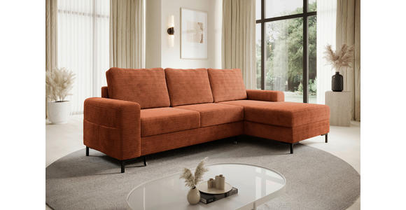 ECKSOFA Rostfarben Cord Rückenkissen, Bettkasten, Schlaffunktion, Rücken echt, Liegefläche im Originalstoff  - Rostfarben/Schwarz, KONVENTIONELL, Textil/Metall (240/150cm) - Carryhome