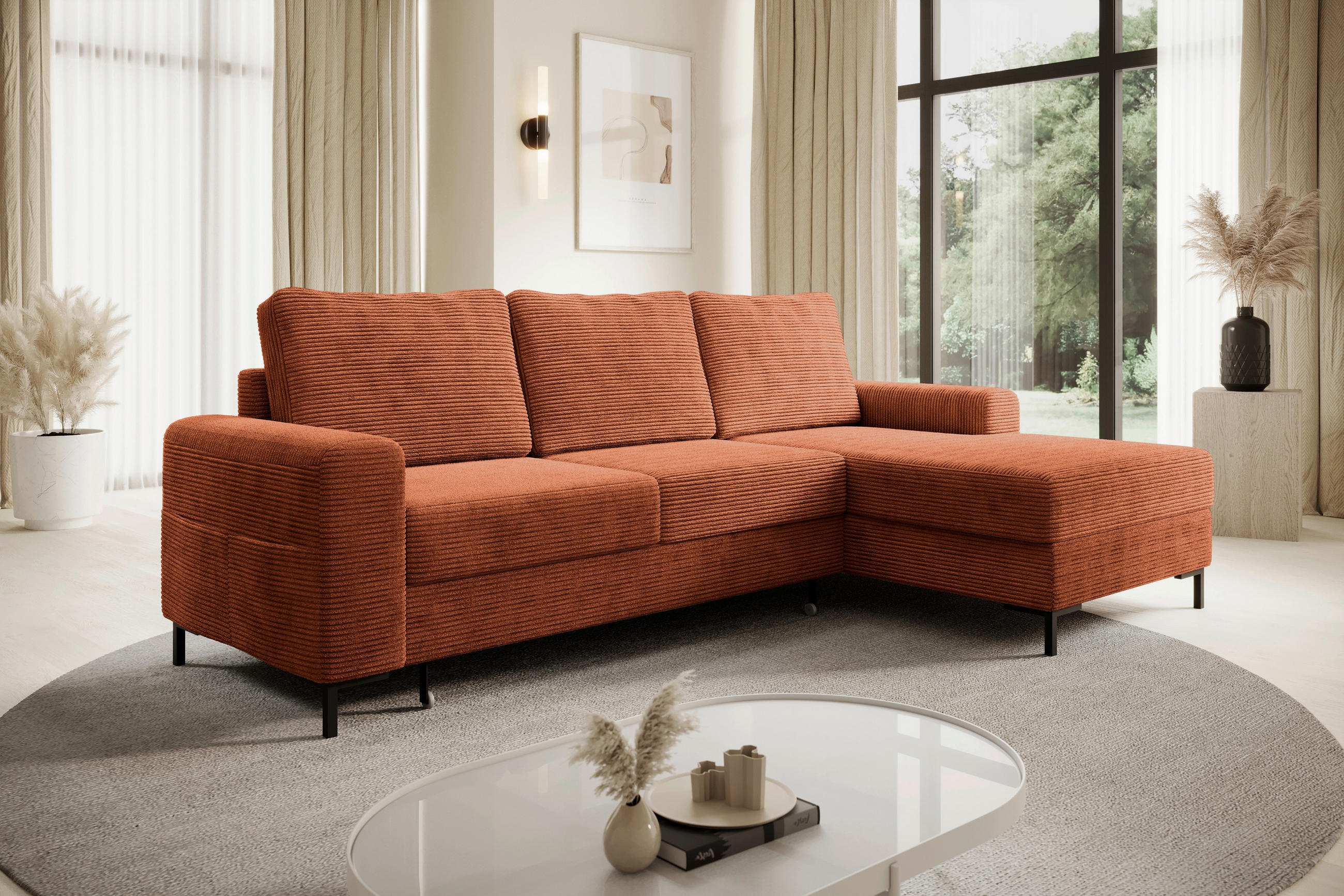 ECKSOFA Rostfarben Cord  - Rostfarben/Schwarz, KONVENTIONELL, Textil/Metall (240/150cm) - Carryhome