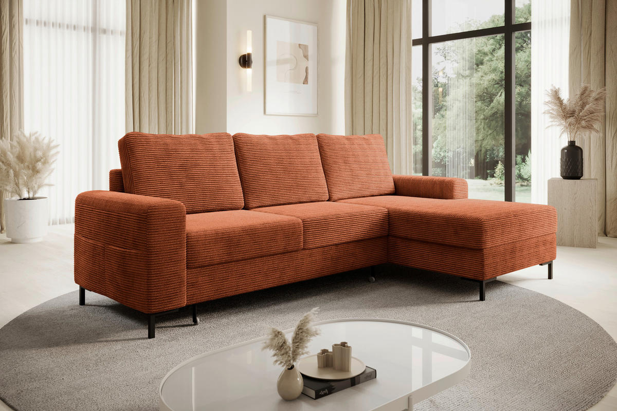 ECKSOFA Rostfarben Cord  - Rostfarben/Schwarz, KONVENTIONELL, Textil/Metall (240/150cm) - Carryhome