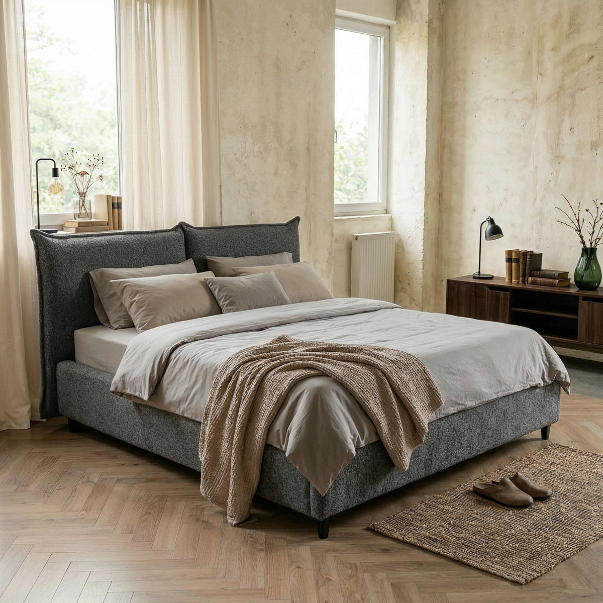 POLSTERBETT gepolstertes Kopfteil, Lattenrost, Bettkasten Graphitfarben 180/200 cm  - Schwarz/Graphitfarben, MODERN, Holz/Textil (180/200cm) - Livetastic