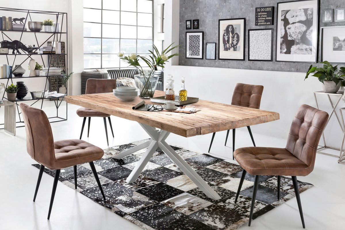 ESSTISCH 220/100/76 cm Echtholz  Holz, Metall rechteckig Naturfarben, Silberfarben  - Silberfarben/Naturfarben, MODERN, Holz/Metall (220/100/76cm) - MID.YOU