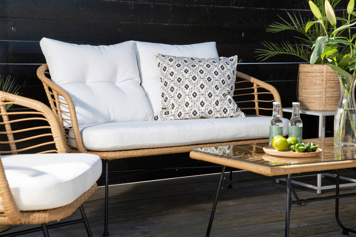 LOUNGEGARNITUR   Stahl  - Beige/Schwarz, KONVENTIONELL, Glas/Kunststoff - Gardenson