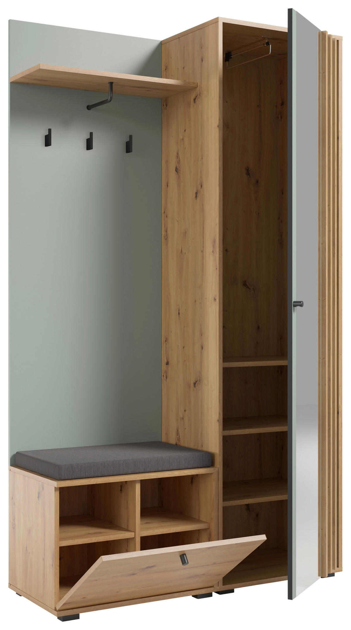 GARDEROBE 5-teilig  in 114/197/40 cm  - Salbeigrün/Eiche Artisan, Design, Glas/Holzwerkstoff (114/197/40cm) - Xora