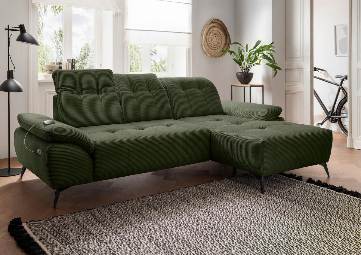 ECKSOFA Cord Dunkelgrün  - Dunkelgrün/Schwarz, Modern, Textil/Metall (280/180cm) - Livetastic