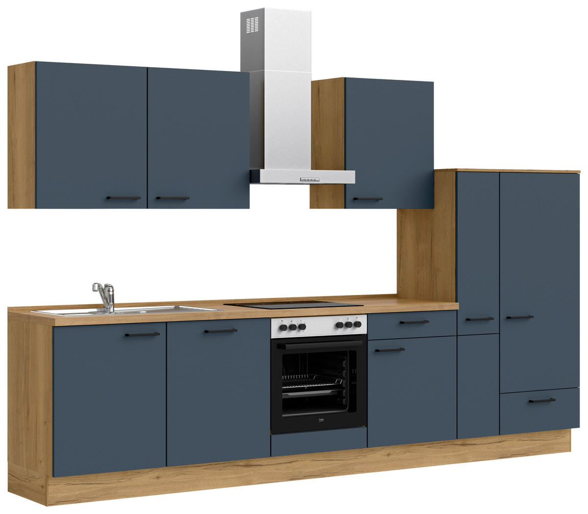 KÜCHENBLOCK 330 cm   in Eichefarben, Dunkelblau  - Eichefarben/Schwarz, MODERN, Holzwerkstoff/Metall (330cm) - Nobilia