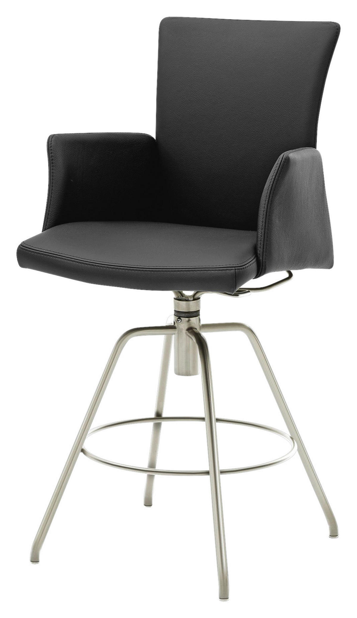 BARHOCKER Echtleder Schwarz automatische Rückholfunktion, Sitzfläche 180° drehbar  - Edelstahlfarben/Schwarz, Design, Leder (56/124/58cm) - Musterring