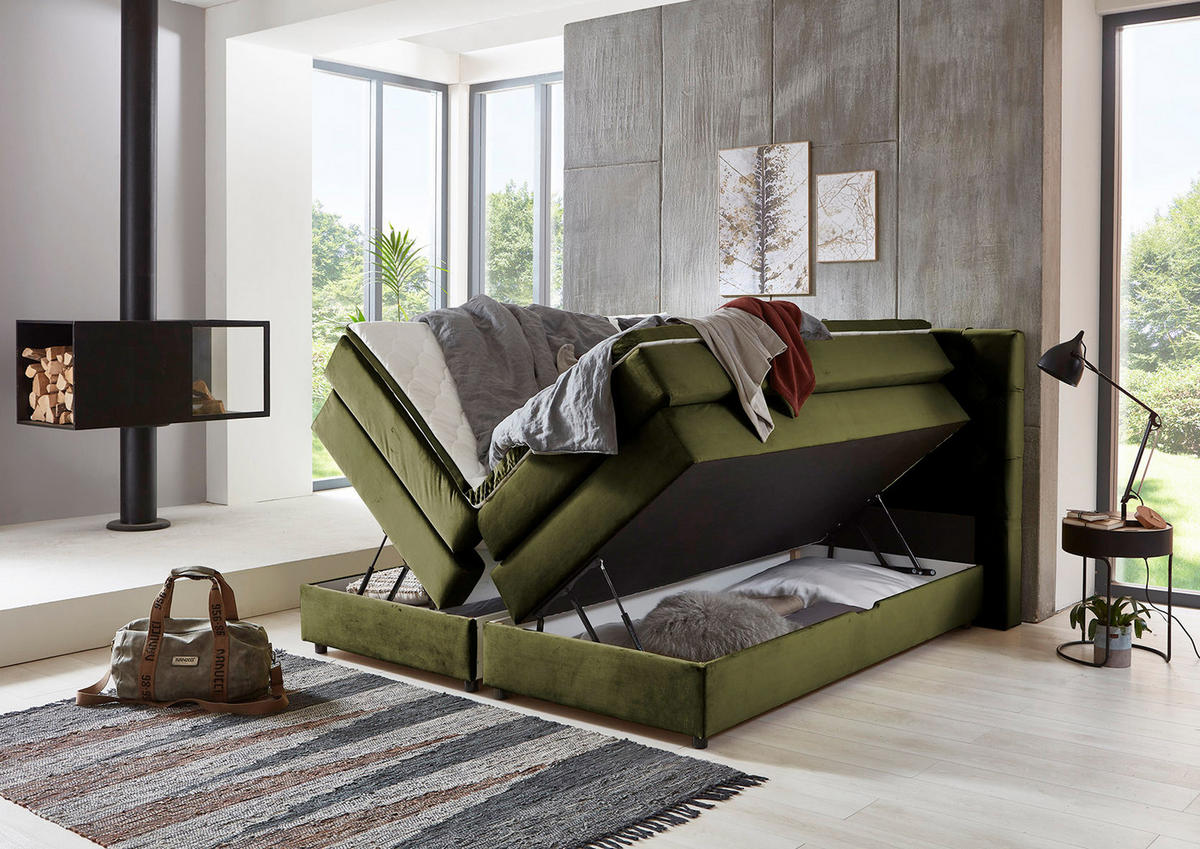 BOXSPRING KREVET     - zelena/crna, Moderno, tekstil/plastika (160/200cm)