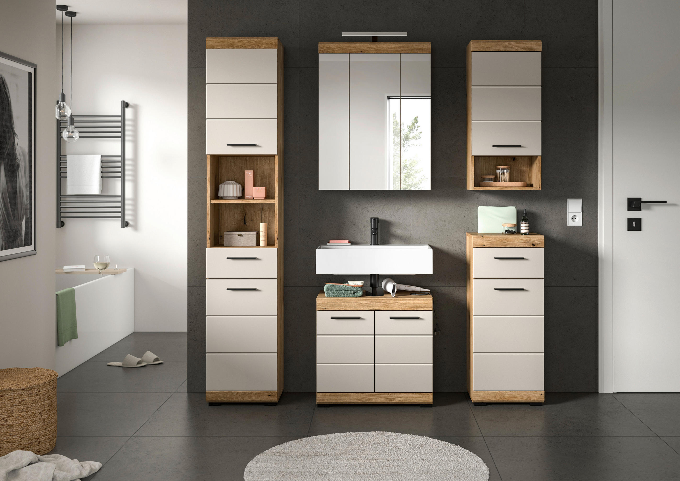 BADEZIMMER 5-teilig  in 134 cm  - Kaschmir/Schwarz, MODERN, Glas/Holzwerkstoff (134cm) - MID.YOU