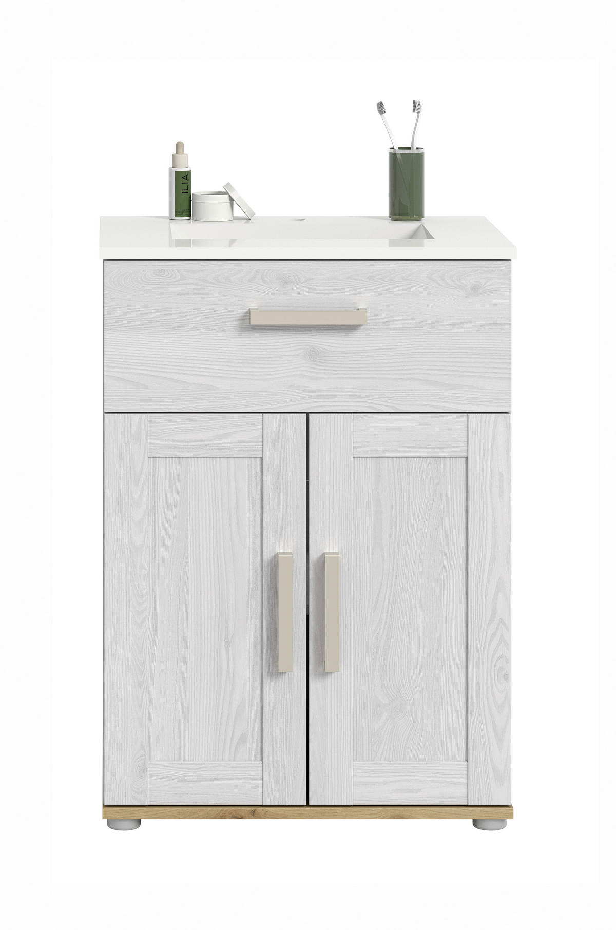 SKŘÍŇKA S UMYVADLEM, barvy modřínu, barvy modřínu, 60 cm - bílá/barvy stříbra, Trend, kompozitní dřevo/plast (60cm) - MID.YOU