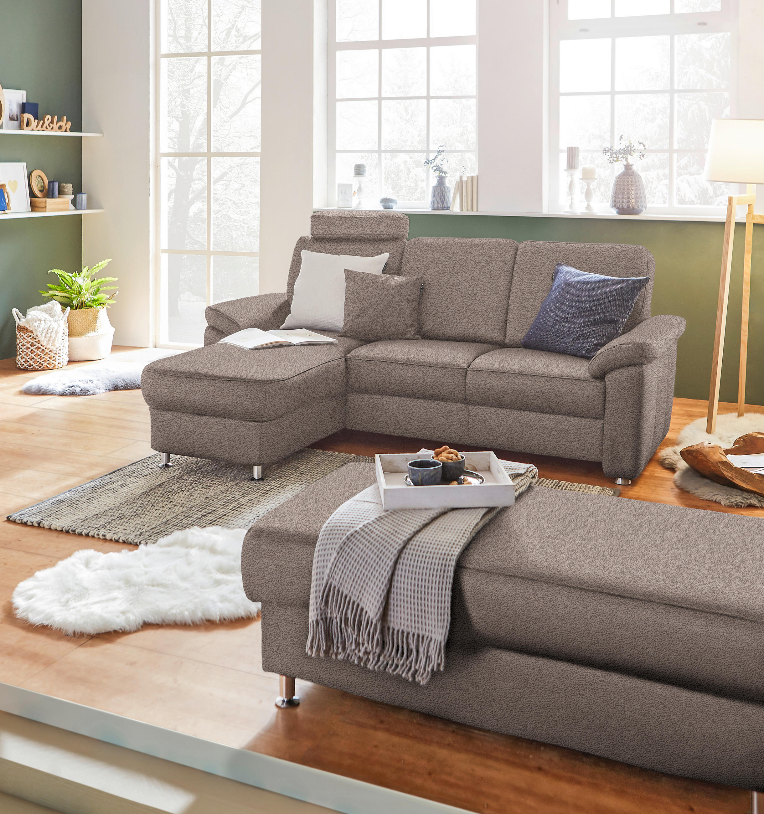 ECKSOFA in Flachgewebe Graubraun  - Chromfarben/Graubraun, Konventionell, Textil/Metall (163/220cm) - Beldomo System