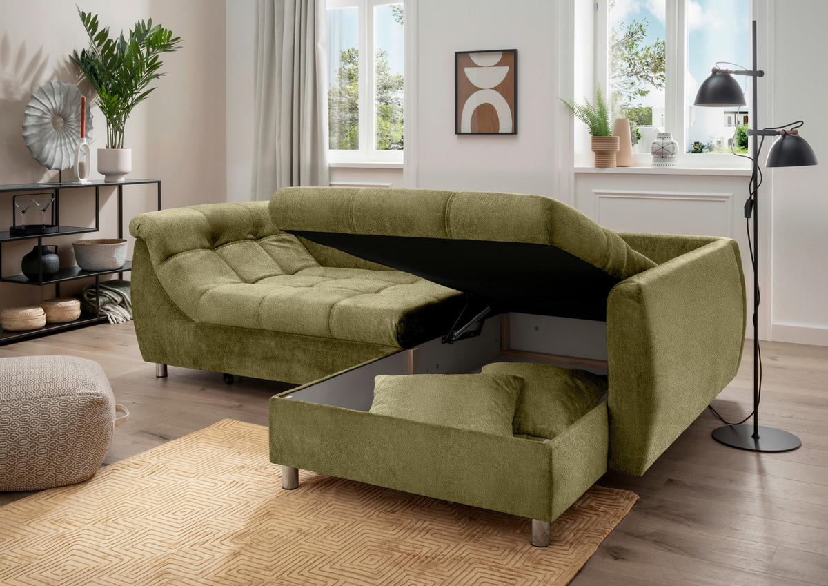 ROZKLADACIA ROHOVÁ POHOVKA, textil, zelená - zelená/chrómová, Modern, kov/textil (250/190cm) - Livetastic