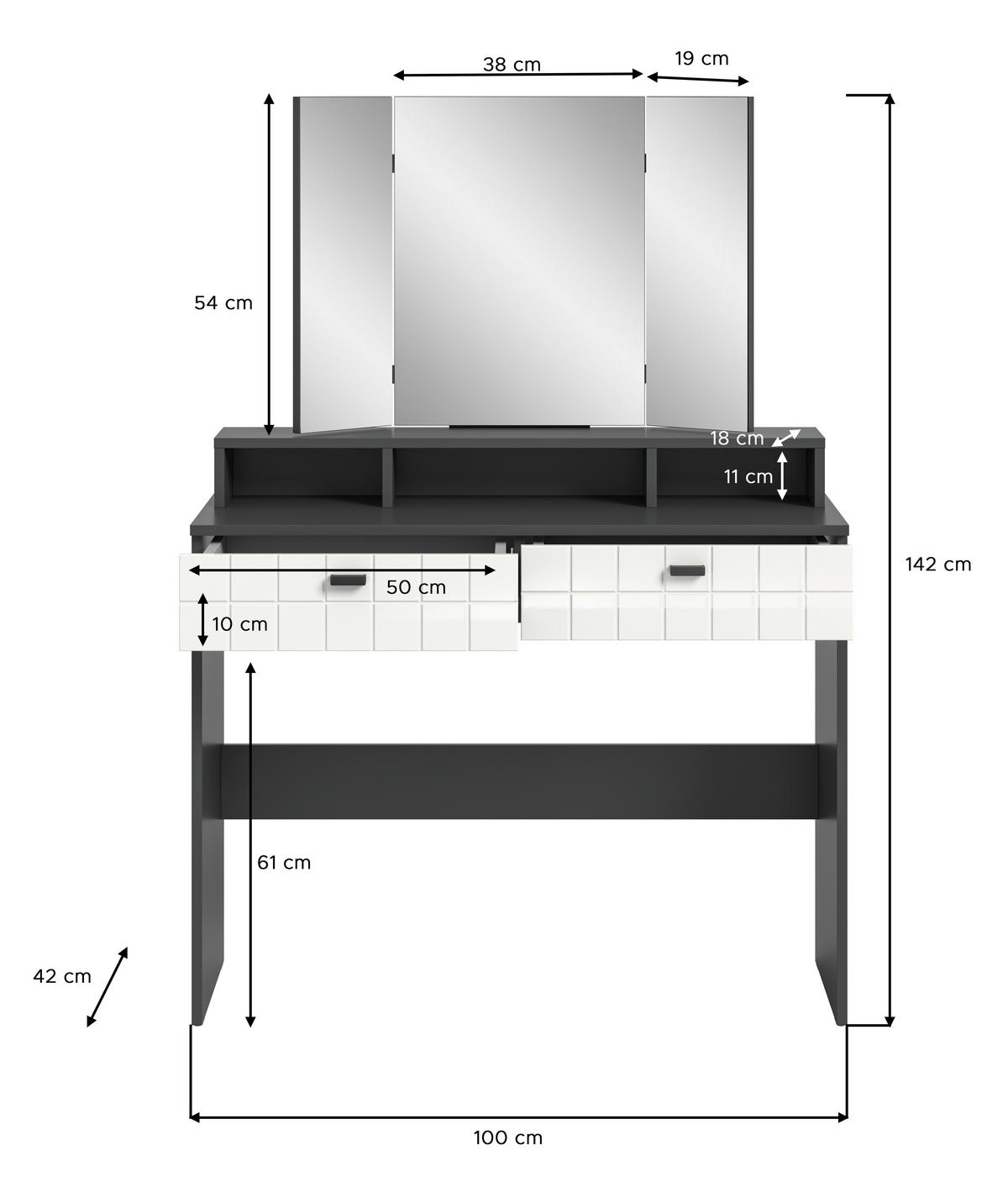 SCHMINKTISCH in Anthrazit, Weiss Hochglanz, Silberfarben  - Weiss Hochglanz/Anthrazit, Design, Glas/Holzwerkstoff (100/142/42cm) - MID.YOU