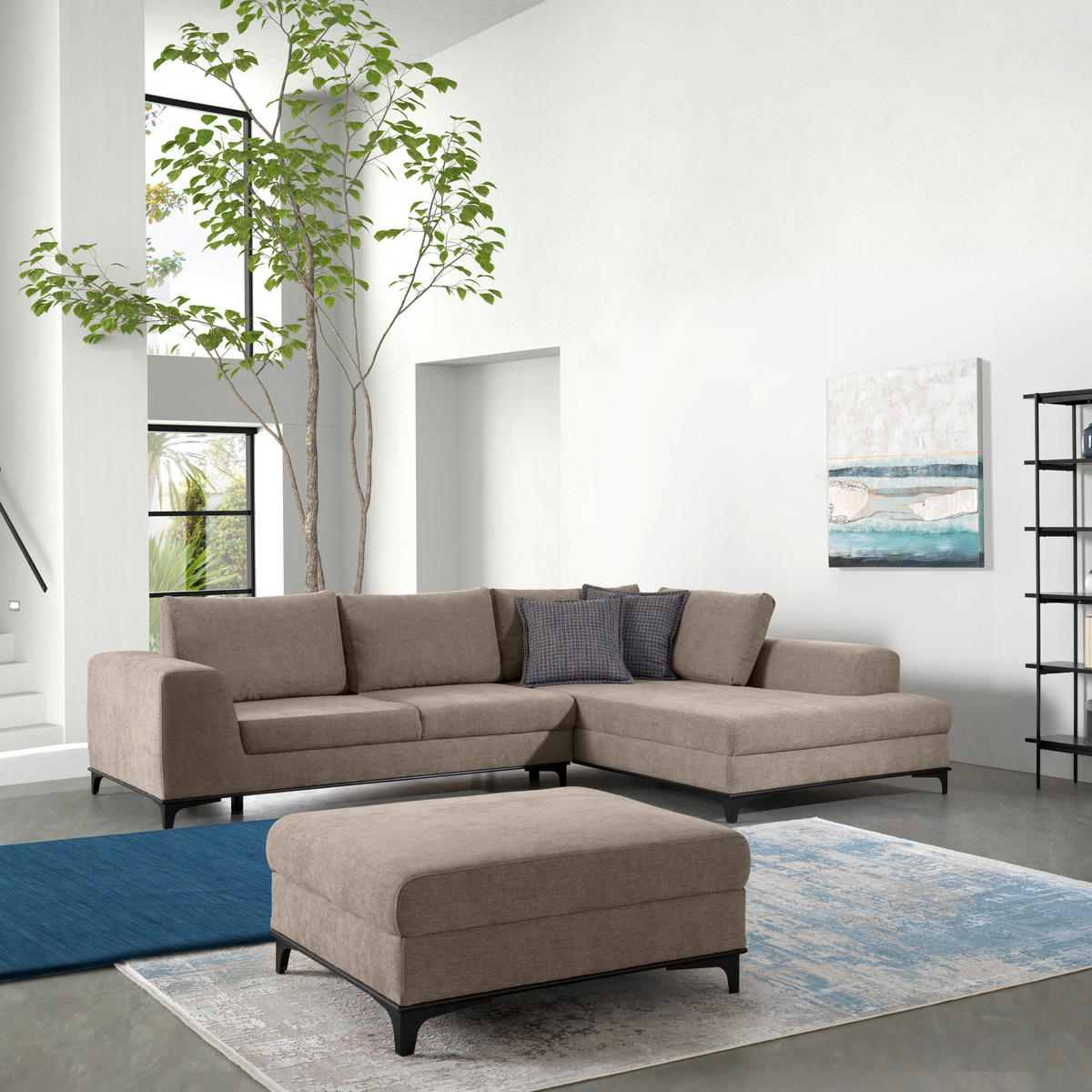 ECKSOFA inkl. Funktionen Greige Webstoff  inkl. Rückenkissen, Bettkasten, Schlaffunktion, Rücken echt  - Wengefarben/Greige, Design, Holz/Textil (314/211cm) - Stylife