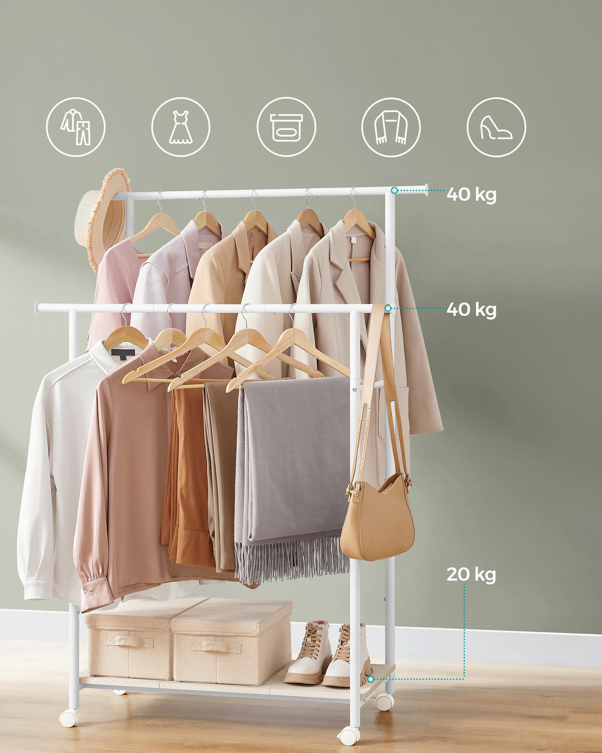 KLEIDERWAGEN in Naturfarben, Weiß 98,5/156,8/39,6 cm   - Naturfarben/Weiß, Basics, Holzwerkstoff/Kunststoff (98,5/156,8/39,6cm)