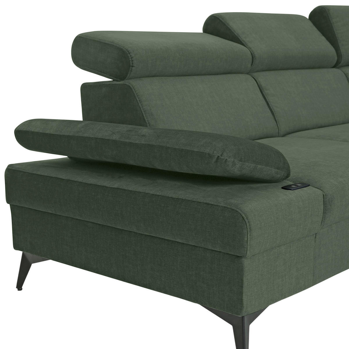 ECKSOFA Dunkelgrün Flachgewebe Rücken echt, Kopfteilverstellung, Sitzvorzug  - Dunkelgrün/Schwarz, MODERN, Textil/Metall (258/210cm) - Landscape