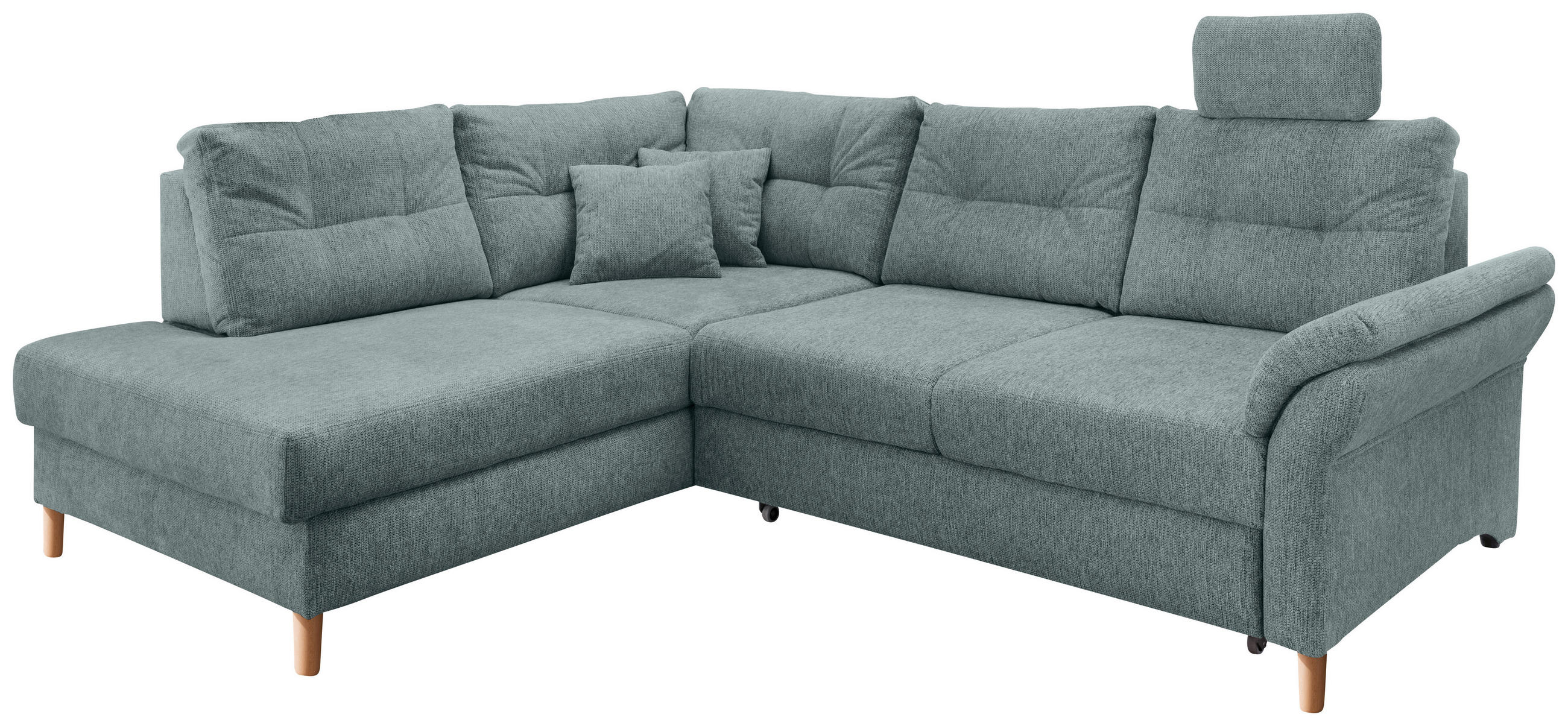 ECKSOFA Blau Chenille Bettkasten, Schlaffunktion, Sitztiefenverstellung, Kopfstütze, Liegefläche im Originalstoff  - Blau/Naturfarben, MODERN, Holz/Textil (206/264cm) - Livetastic