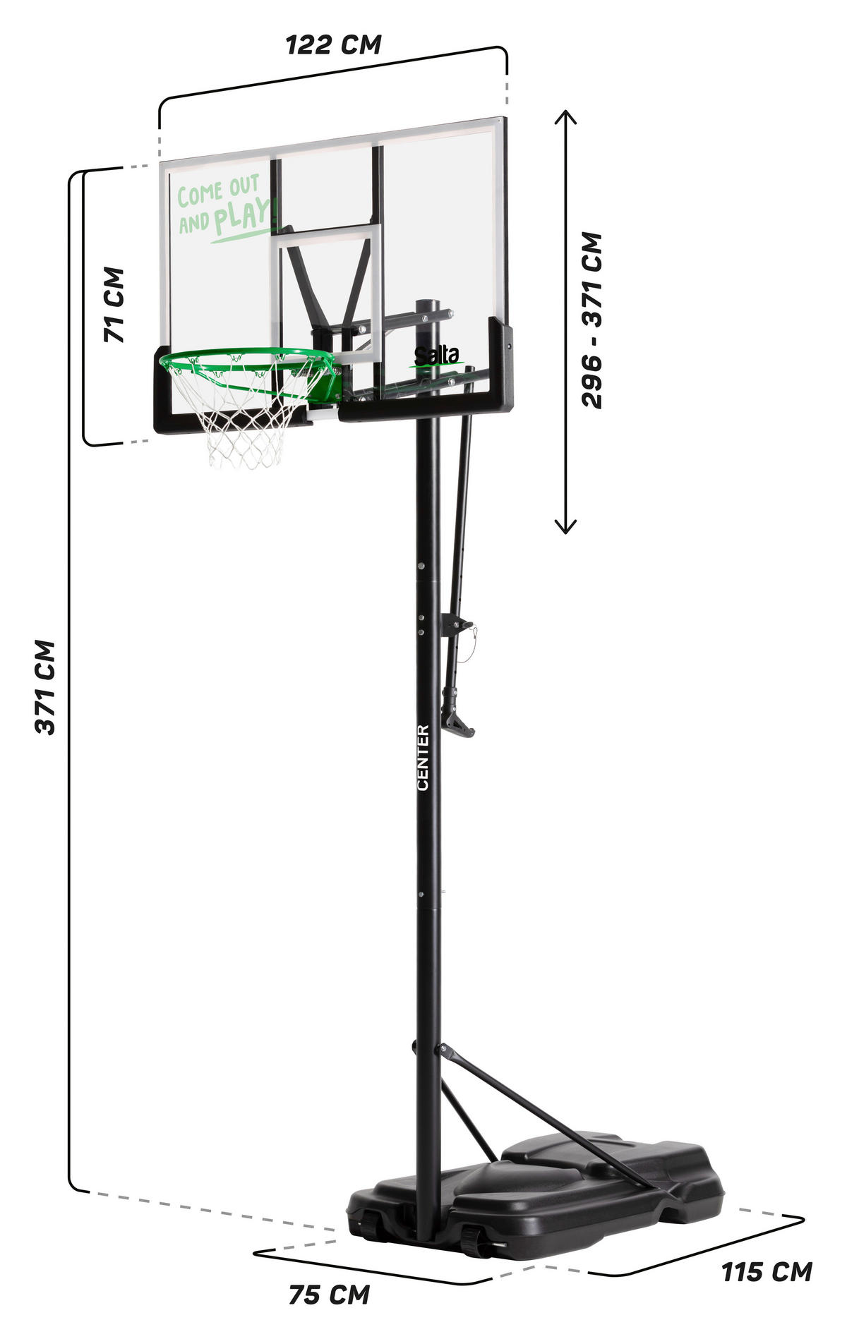 BASKETBALLSTÄNDER - Schwarz/Grün, KONVENTIONELL, Kunststoff/Metall (128/296-371/210cm) - Salta