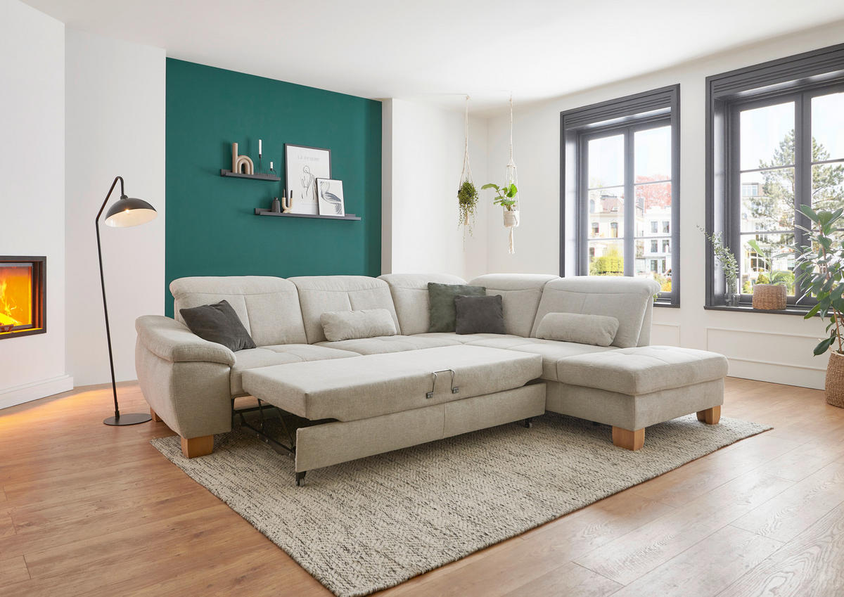 ECKSOFA in Flachgewebe Ecru  - Wildeiche/Ecru, Natur, Holz/Textil (301/243cm) - Voleo