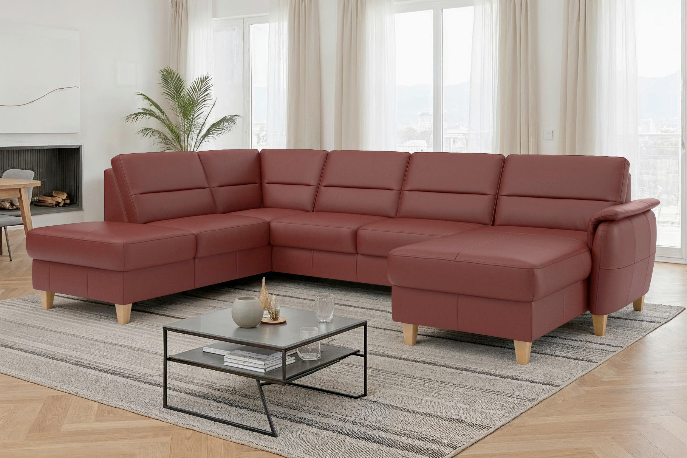 WOHNLANDSCHAFT PALMERA E Rotbraun Echtleder  - Rotbraun/Eichefarben, Basics, Leder/Holz (212/308/163cm) - Sit & More